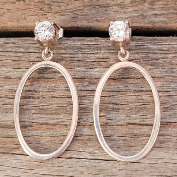 Sterling Silver CZ Post Oval Hoop Drop Earrings - Picture 1 of 6